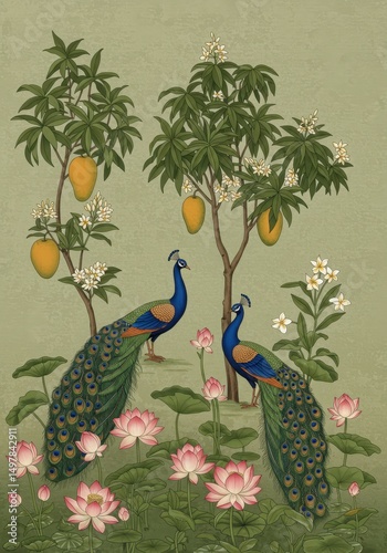 Vintage Indian painting of two peacocks with mango trees and lotus flowers isolated PNG with Transparent Background