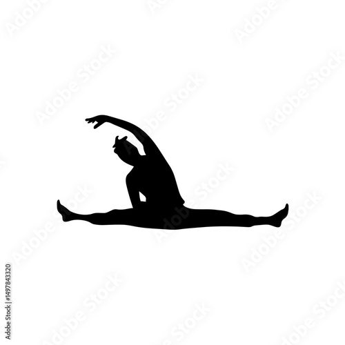 Flexibility and grace: A silhouette of a person executing a perfect side split, extending an arm gracefully towards the sky, embodying strength, poise, and the spirit of exercise.