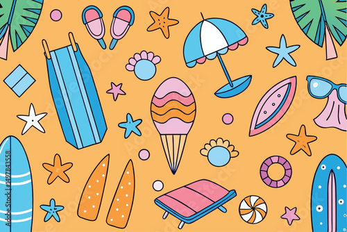 Fun beach summer vacation elements cartoon illustration with surfboards starfish and ice cream