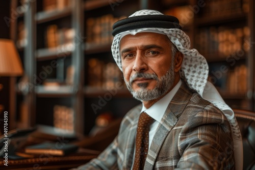 A mature Middle Eastern CEO exudes authority in a refined office space, seated before rich mahogany bookshelves - symbolizing leadership, legacy, and executive sophistication in a high-status setting.