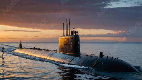 Nuclear submarine patrolling ocean at sunset with dramatic cloudscape