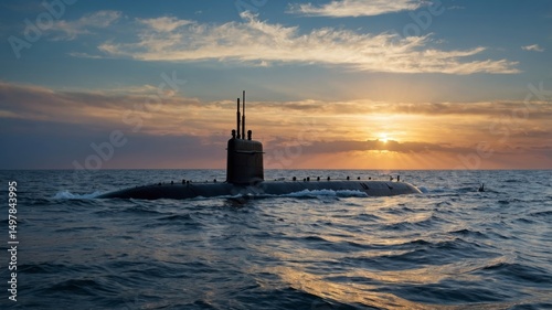 Nuclear submarine patrolling ocean at sunset with beautiful clouds