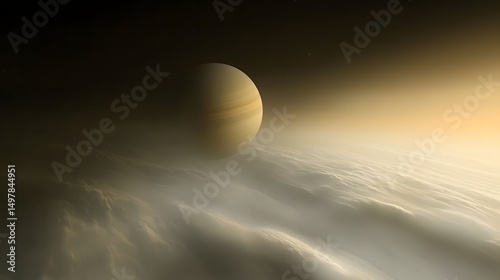 A distant planet with clouds and a hazy atmosphere in a dark space environment view from above