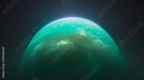 Glowing celestial sphere with clouds and a dark background filled with tiny stars in the distance