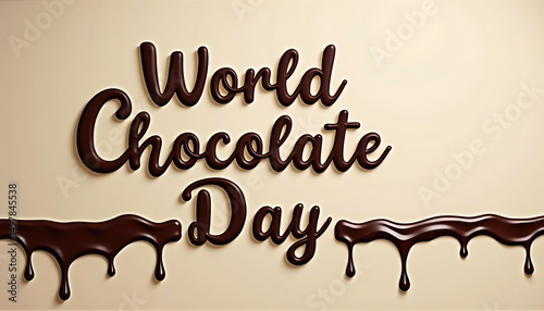 World Chocolate Day: A close-up shot capturing the essence of World Chocolate Day, with artistic chocolate lettering and tempting, rich melted chocolate against a light background.