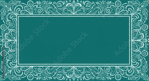 Vintage ornamental frame on teal background, elegant white filigree border, decorative baroque scrollwork frame for invitations and certificates