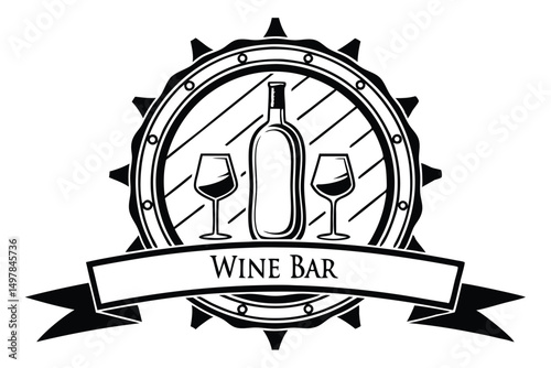 Elegant Wine Bar Emblem with Barrel and Glasses, Black and White Vector Illustration, Minimalistic Design.