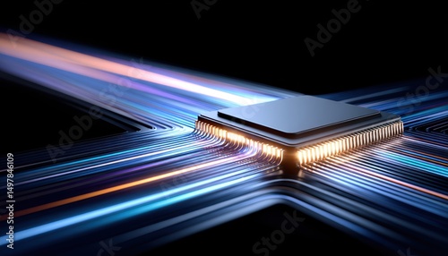A glowing microchip with illuminated circuitry and data streams on a dark background, symbolizing advanced technology and connectivity.