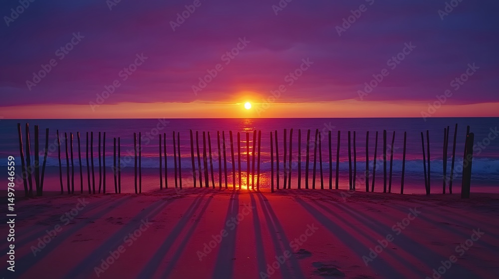 Obraz premium Vibrant Sunset Beachscape with Wooden Fence Silhouettes