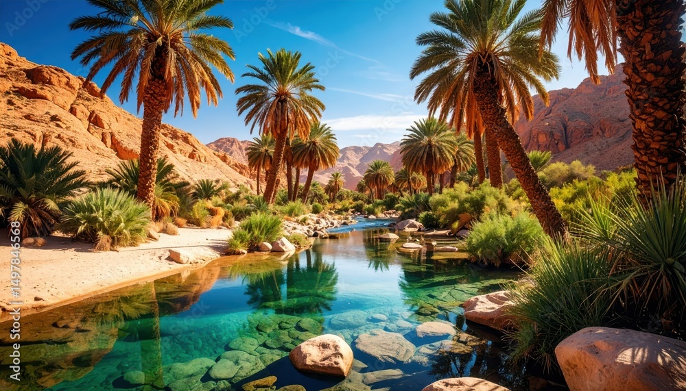 Serene Oasis in Desert with Clear Water and Palm Trees Serene Oasis in Desert with Clear Water and Palm Trees
