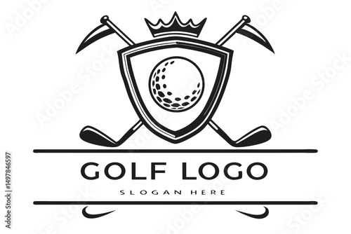 Royal Golf Club Emblem with Crossed Clubs, Crown, and Shield for Professional Branding and Design.