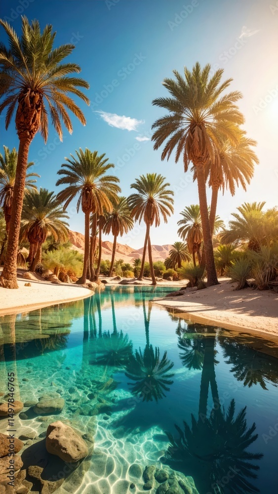 Fototapeta premium Serene Desert Oasis with Clear Water and Palm Trees at Sunset