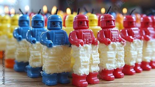 A close up shot of rows of colorful robot shaped candles with lit wicks on a wooden surface indoors