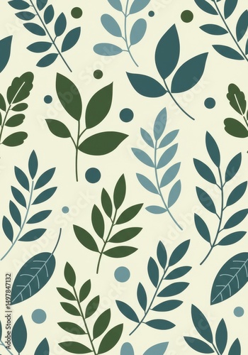 Seamless pattern with leaves and dots, botanical background