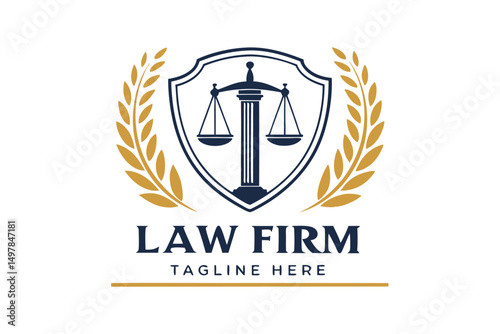 Elegant Law Firm Logo with Scale of Justice Shield and Laurel Wreath Illustration for Business.