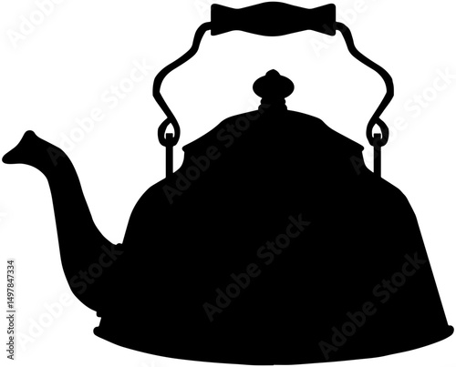 Kettle Silhouette: A sleek, minimalist silhouette of a classic tea kettle, rendered in bold black, evoking a sense of warmth, tradition, and the comforting ritual of brewing tea.