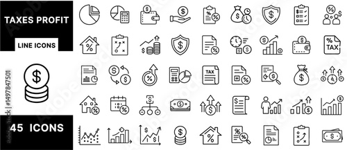 Taxes and Profit Line Icons Set – Finance, Earnings, Investment, Budgeting, Revenue Growth, Tax Reports, Percentage, Wallet, and Money Management Symbols