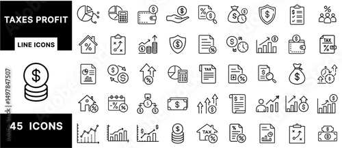 Taxes and Profit Line Icons Set – Finance, Earnings, Investment, Budgeting, Revenue Growth, Tax Reports, Percentage, Wallet, and Money Management Symbols