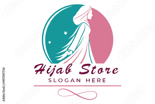 Elegant Hijab Store Logo Design with Abstract Woman Silhouette and Modern Typography for Online Boutique Branding.