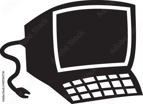 Retro Desktop Computer Silhouette: A sleek, monochrome depiction of a classic desktop computer, reminiscent of a bygone era. Perfect for illustrations about technology and digital evolution. 