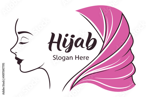 Elegant Hijab Logo Design with Pink Veil and Minimalist Woman Portrait for Branding and Identity.