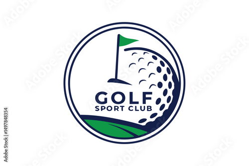 Golf Sport Club Logo Design with Ball, Flag, and Green Hills Vector Illustration for Branding and Identity.