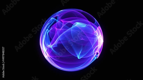 Blue and purple neon 3d sphere of gradient waves and glowing particles. Abstract technology concept, Artificial Intelligence, engineering, big data, and innovations. Vibrant futuristic sphere. 4k loop