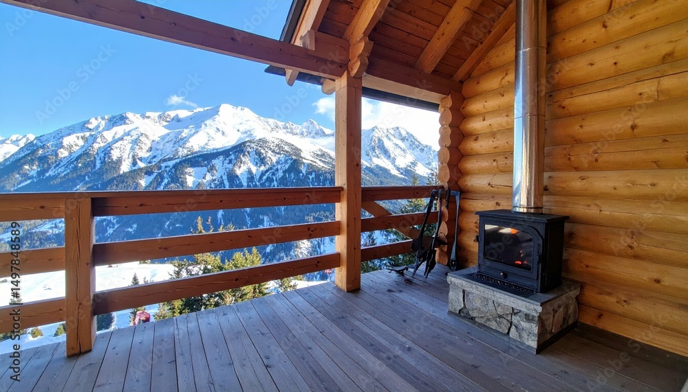 Fototapeta premium Serene Mountain Retreat with Wooden Cabin and Fireplace View