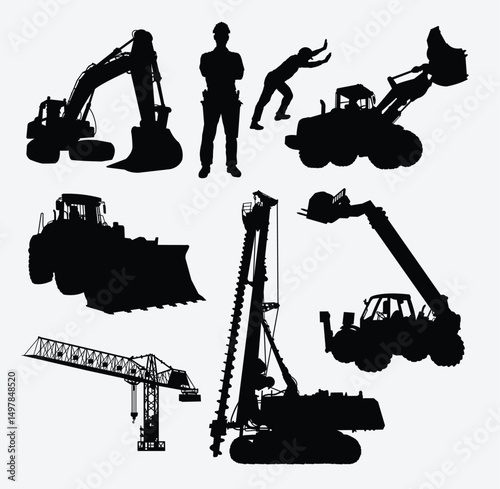 Silhouette of Construction Power: A high-angle shot featuring various construction machinery silhouettes, creating an industrial atmosphere and evoking a sense of power and work ethic. 