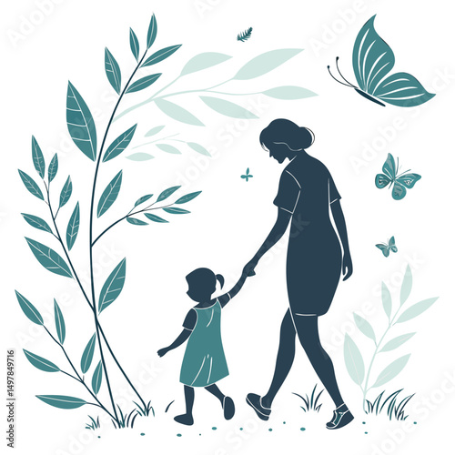 Three dimensional style illustration of a mother gently holding her baby s hand in a natural setting