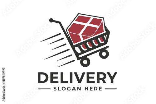 Fast Delivery Logo Concept with Shopping Cart and Package, Express Shipping Service for Online Stores and Businesses.