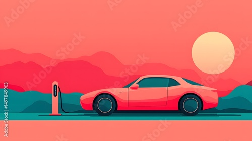 Electric car charging at sunset in the mountains