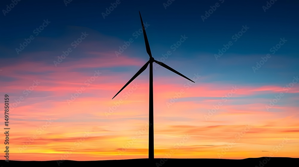 Wind turbine silhouetted against a vibrant sunset landscape Wind turbine silhouetted against a vibrant sunset landscape