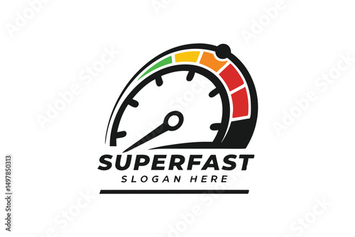 Superfast Speedometer Logo with Green, Yellow, Orange, and Red Zones, Ideal for Automotive, Technology, and Performance-Oriented Businesses.