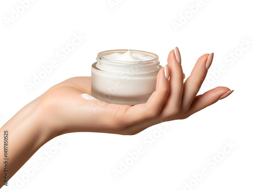Hand Holding Glass Jar of White Cream Isolated on Transparent Background – Skincare and Beauty Product Mockup