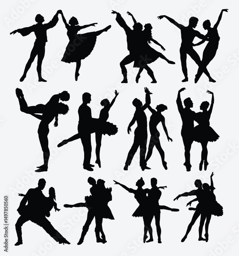 Silhouetted Grace: A collection of elegant silhouettes showcasing the art of dance. Capturing the fluidity of movement, the image celebrates the beauty of ballet and ballroom dance. 