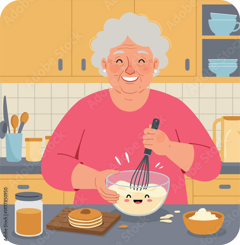 Elderly woman whisking batter in kitchen preparing pancakes vector illustration