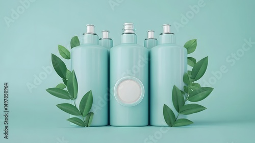 Assortment of minimalist white cosmetic bottles with green leaves