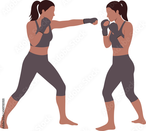 Two women practicing boxing training exercise in gym workout routine vector illustration