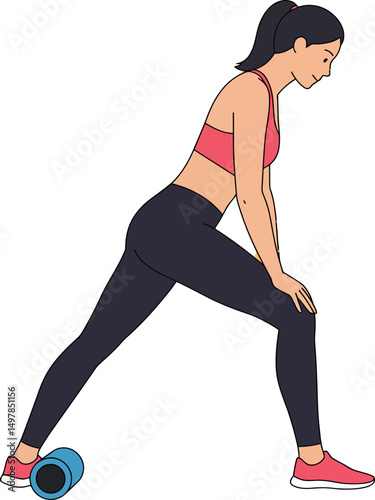 Woman stretching leg using foam roller for muscle recovery and fitness training vector illustration