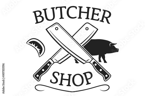 Butcher Shop Emblem with Crossed Cleavers, Pig Silhouette, and Lemon Slice, Ideal for Meat Market Branding or Butcher Business.