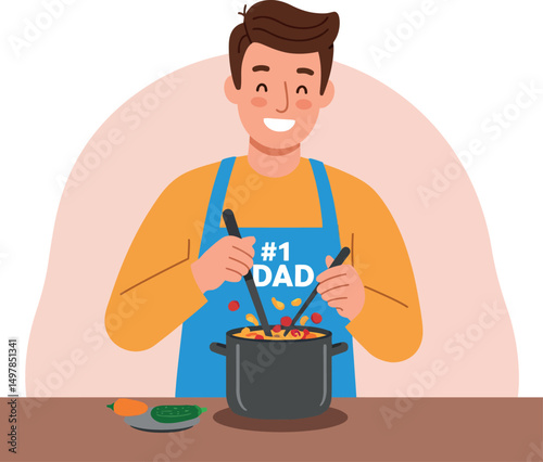 Man Cooking in Kitchen Wearing #1 Dad Apron for Fathers Day Celebration Vector Illustration
