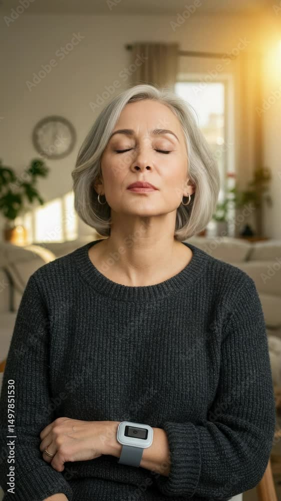 Smart Wellness Breathing Loop with Silver‑Haired Woman — Vertical Seamless Clip Smart Wellness Breathing Loop with Silver‑Haired Woman — Vertical Seamless Clip