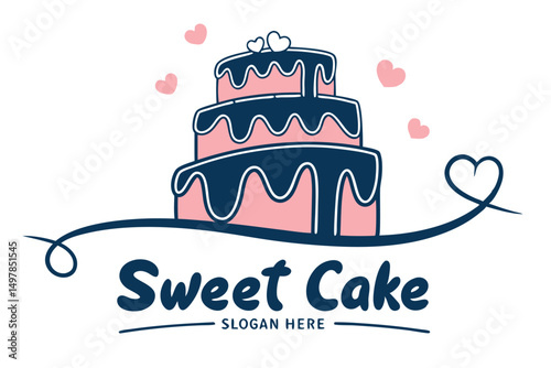 Sweet Cake Logo Design with Three-Tiered Cake, Hearts and Modern Typography for Bakery Branding.