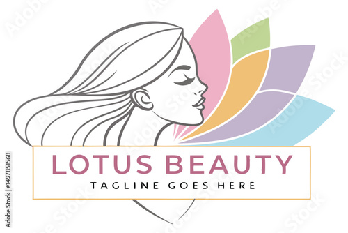 Elegant Lotus Beauty Logo Design with Female Silhouette and Pastel Petals for Spa and Cosmetic Brands.