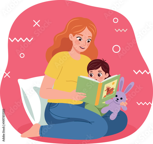 Mother reading storybook to child with purple plush bunny in cozy setting vector illustration