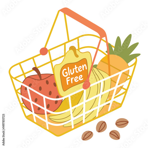 3d style basket filled with gluten free fruits and nuts vector design illustration