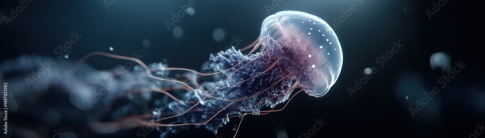 Fototapeta premium Jellyfish swimming gracefully in dark ocean environment close-up