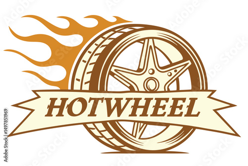 Hotwheel tire vector graphic emblem, fast racing concept with banner, fire effect, brown and cream illustration on a white background.