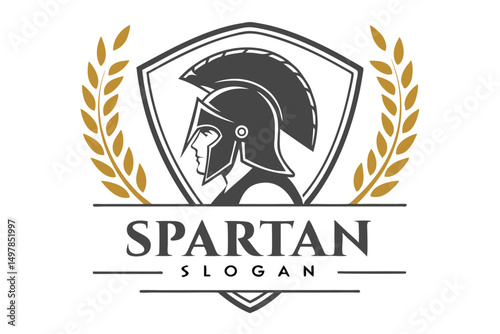 Spartan Warrior Logo Design: Helmet, Shield, Laurel Wreath Emblem for Sports Teams and Business Branding Excellence.